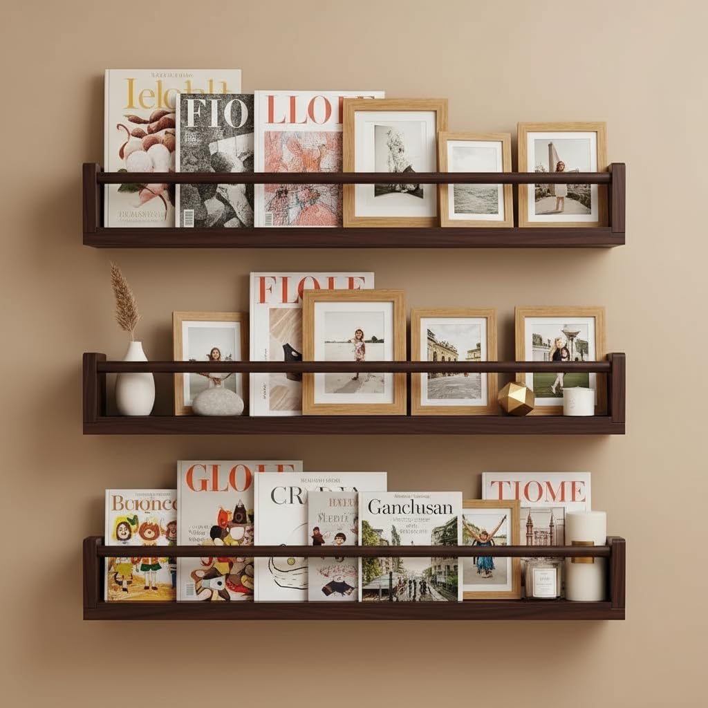 Set of 3 Kids Floating Bookshelves Deep Walnut – 24 Inch Wall Mounted Nursery Book Shelves with Safety Rail – Ideal Storage & Display Shelf for Nursery, Bedroom, and Playroom