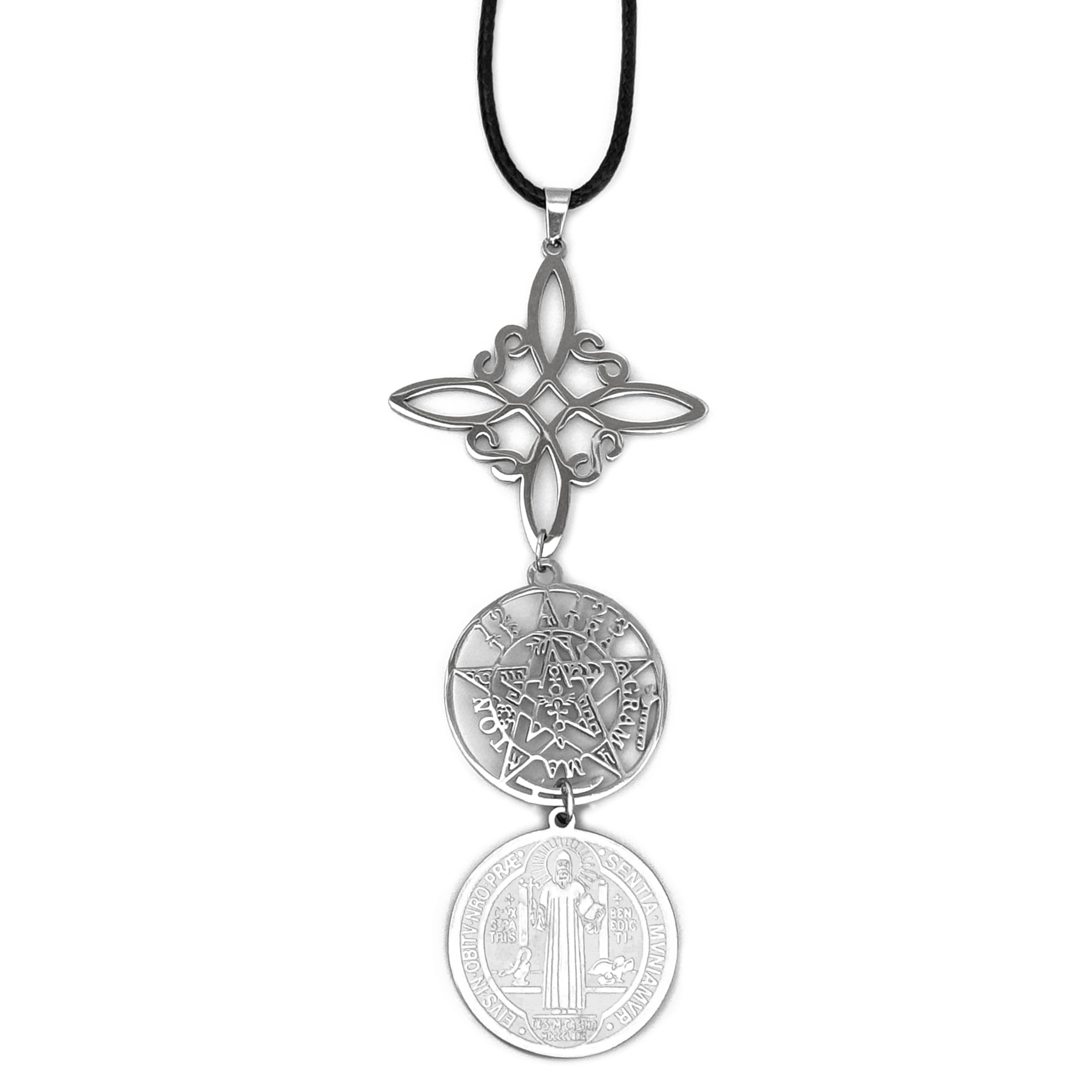 Simboliks Colgante Triple Protección con Tetragrammaton, Nudo de Bruja y Medalla de San Benito, Amuleto contra Mal de Ojo, Hechizos y Energías Negativas, Acero Inoxidable Esotérico Unisex