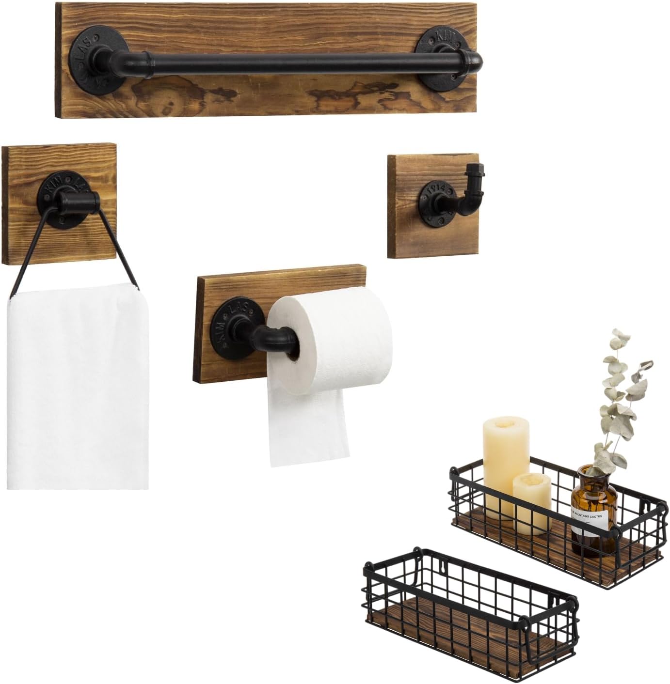 MyGift 6-Piece Industrial Bathroom Organizer Set: 4-Piece Burnt Wood & Matte Black Hardware (Towel Bar, Ring, Tissue Holder, Hook) + 2-Pack Wall-Mounted Wire Storage Baskets with Burnt Wood Base