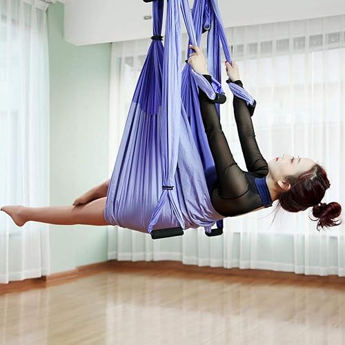 Vista 25 de Kit de hamaca de yoga para trapecio aéreo, ultra fuerte, antigravedad para yoga, volador, juego de herramientas de columpio de inversión Violeta