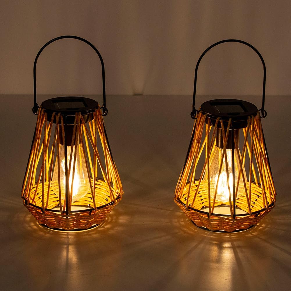 Solar Lanterns,2 Pack Hanging Solar Lantern Outdoor Lanterns for Patio Waterproof,Rattan Lantern with Handle,Decorative Retro Rattan Lights for Yard