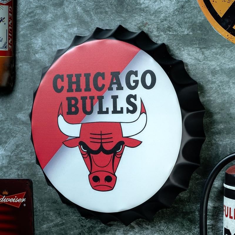 Image of EAZYWAGON Decorative Metal Bottle Caps Wall Sign Plates - 14X14 Inches - Chicago Bulls | Metal Wall Hanging Bottle Cap for Home, Farmhouse, Bar & Cafe Decoration | Vintage & Retro Look Plaques