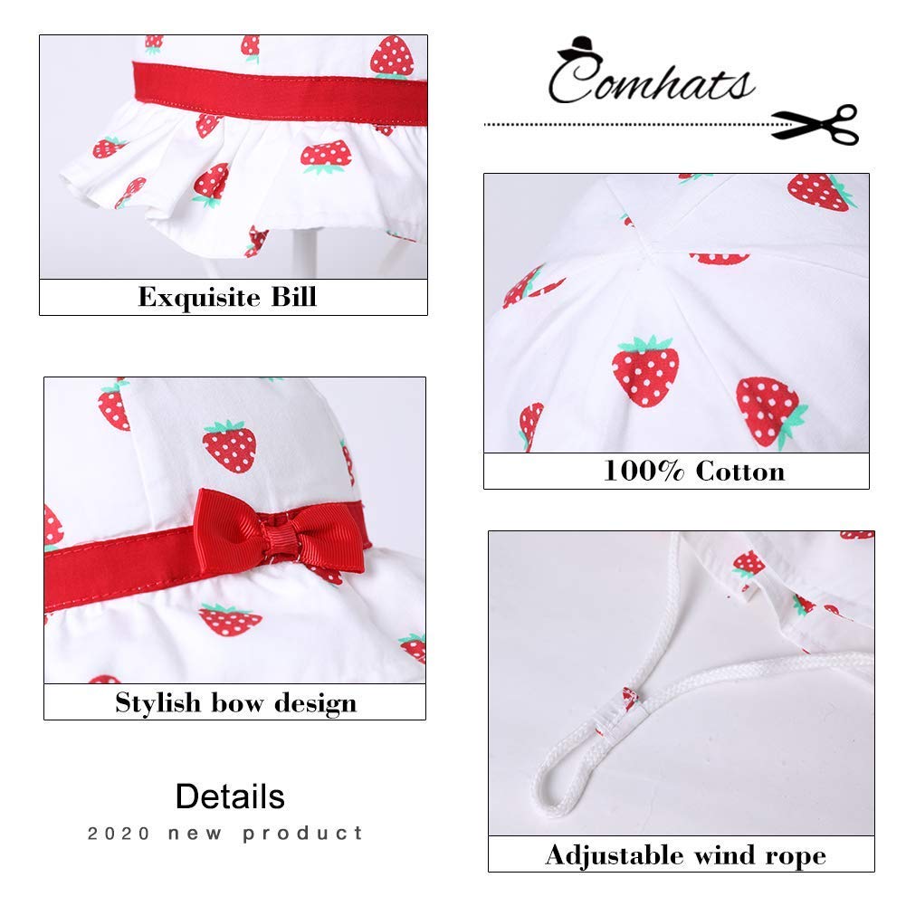 Jueshanzj Baby Girl Sun Hat Cotton Adjustable Chin Strap UPF 50+ Cherry Printed Strawberry White 2-5 Years