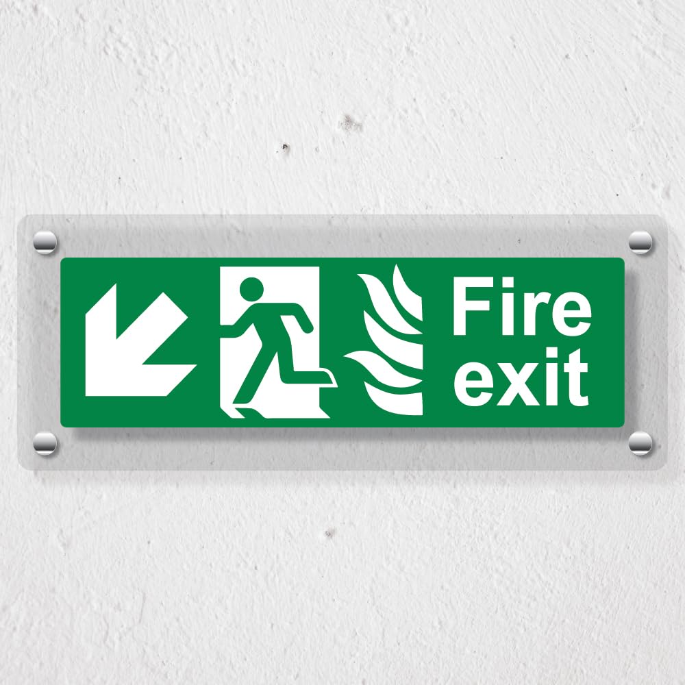 V Safety NHS Fire Exit Arrow Down Left - 300 x 100 mm - Acrylic Perspex Cast Clear Safety Sign