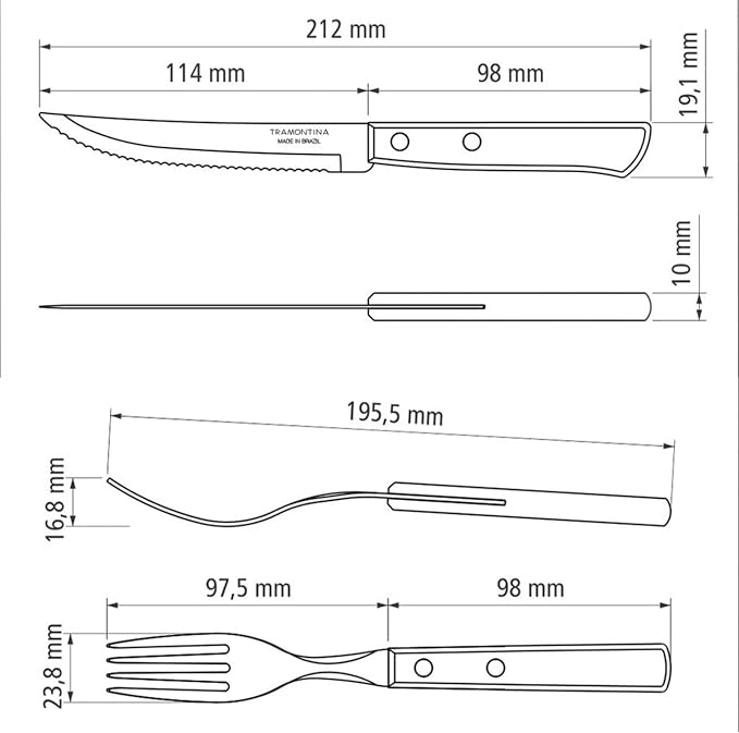 Desenho técnico com as dimensões detalhadas em milímetros da faca e do garfo de churrasco Tramontina.