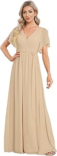 Women's Bridesmaid Dress V-Neck Ruffle Sleeves Ruched Bust Floor Length Chiffon Formal Dresses 0164A