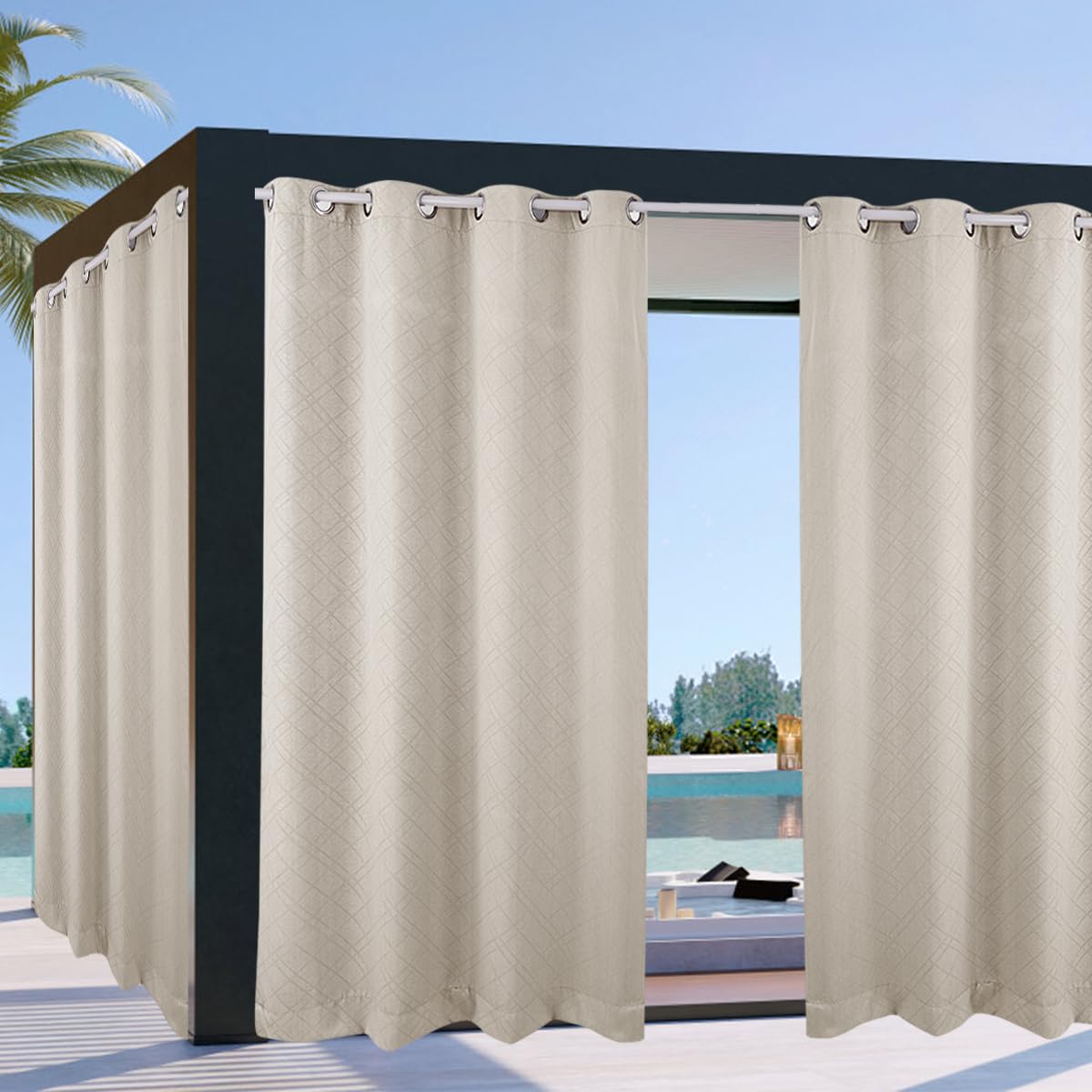ele ELEOPTION Rideau Extérieur Imperméables Protéger Contre UV Isolants Thermiques, avec Perforations, Adaptés aux Jardins, Terrasses, Pergola, Balcons, Texturé 3D Blanc Cassé, 1 Pièce / 132 X 213cm