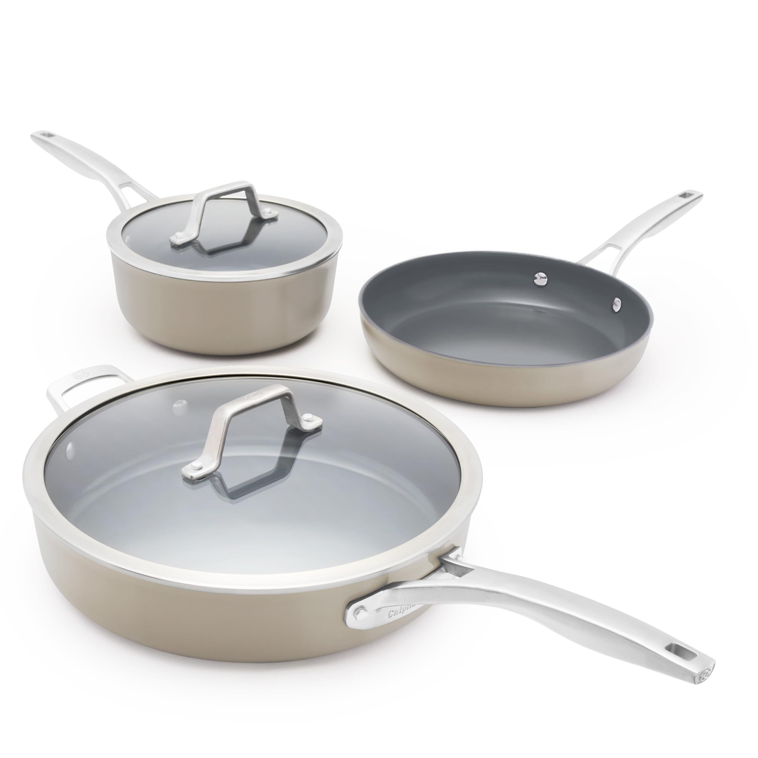Batterie de cuisine céramique 5 pièces Calphalon Premier, faitout et poêles gris champignon