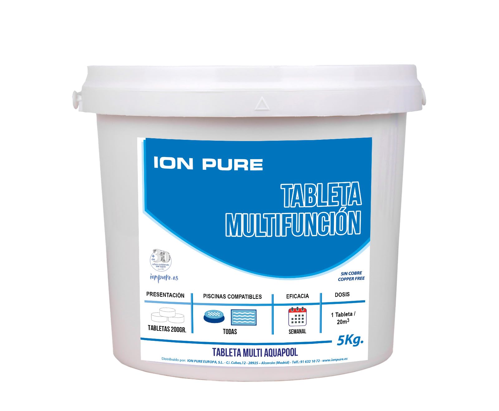 Pack de 4 Botes 4 x 5kg Tabletas Multifunción 5 Acciones Marca Ion Pure – Tratamiento Completo para Piscinas – Sin Cobre – Mantiene el Agua Clara y Transparente