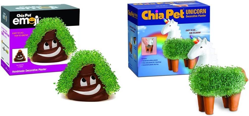 Chia Pet Emoji Poopy (1st Generation) with Seed Pack Pet Unicorn (1st Generation) with Seed Pack | Decorative Pottery Planters Bundle | Easy to Grow and Fun Novelty Gifts
