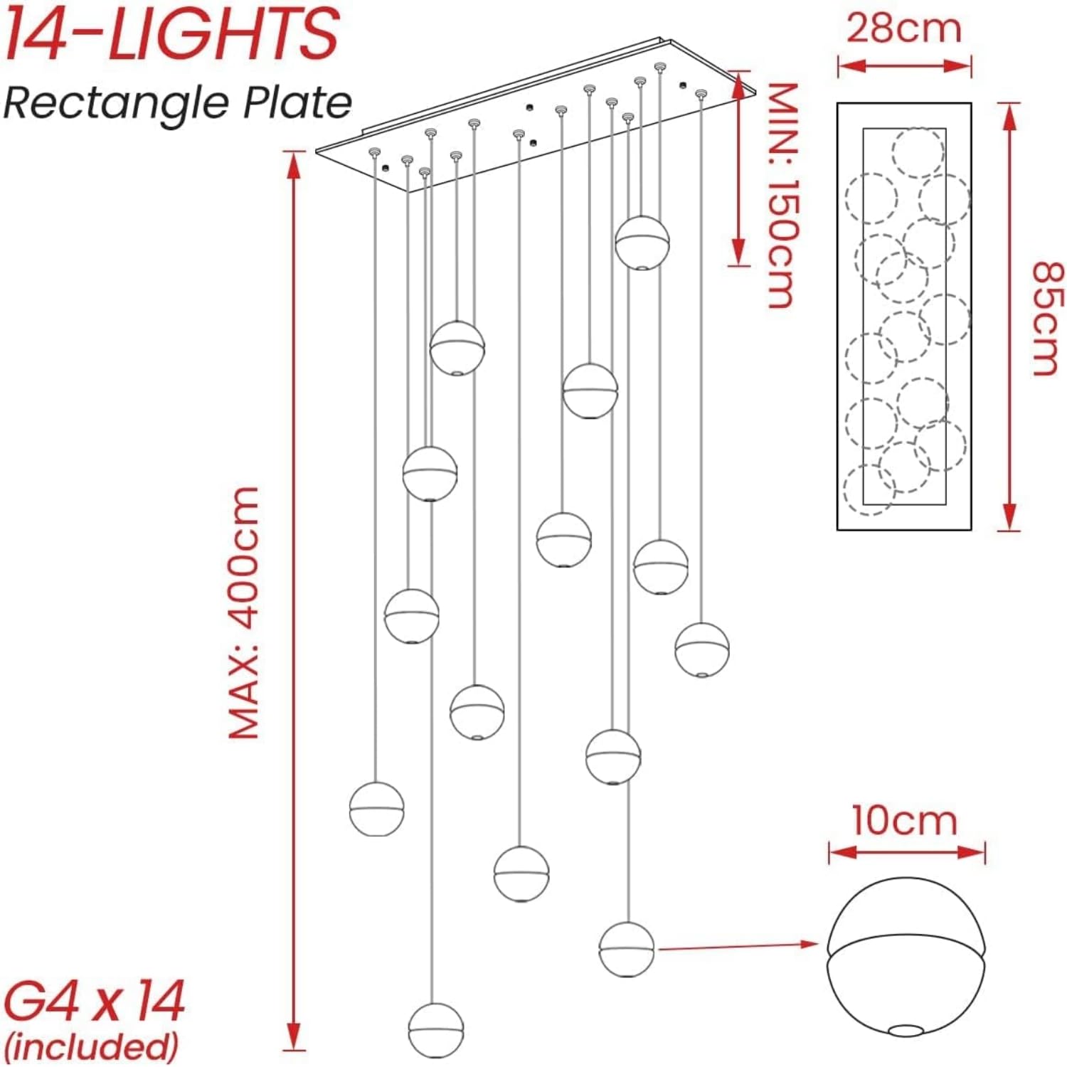 Pendelleuchte LED Moderne Glas Kristall Hängeleuchte Höheverstellbar Lüster Dekoratives Kronleuchter für Villa Treppe Wohzimmer Esszimmer Schlafzimmer Pendellampe (14 Bälle Rectangle)
