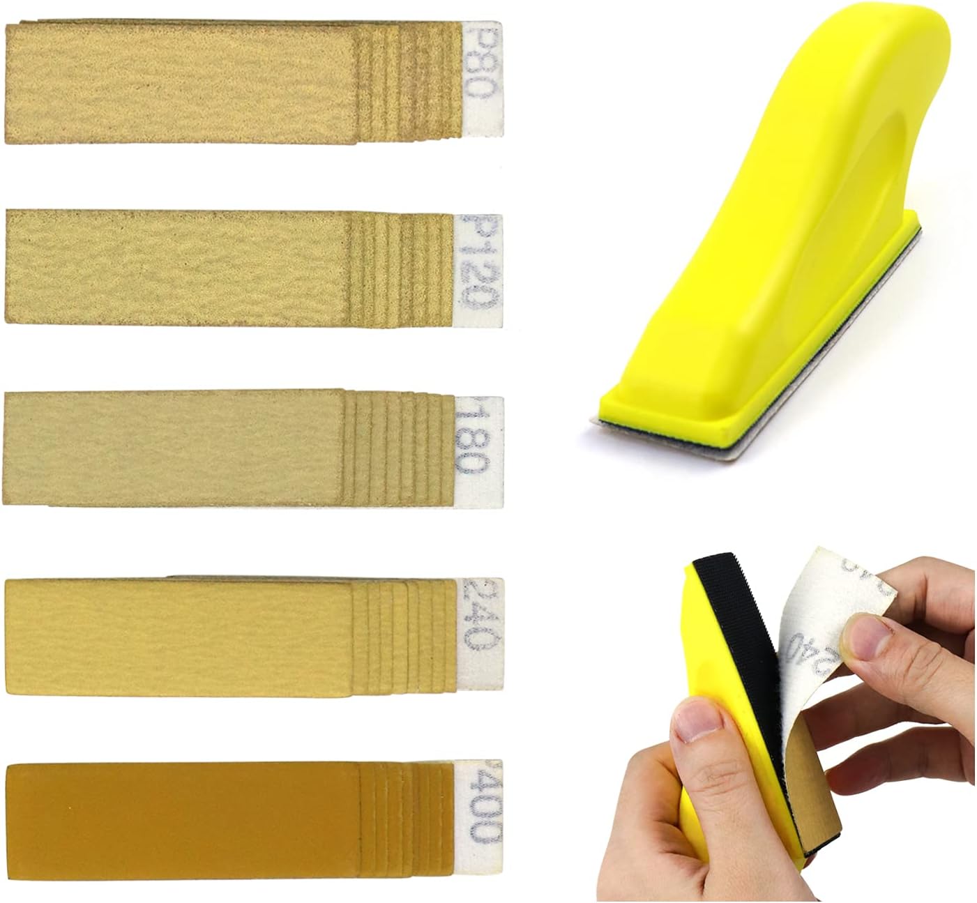 POLIWELLMicro Sander Kit 3.5” x 1” Mini Sander for Small Projects, Detail Handle Sanding Tools + Sandpaper 80 120 180 240 400 Grit for DIY Crafts Wood Finishing Tight Narrow Spaces Polishing, 50 PCS