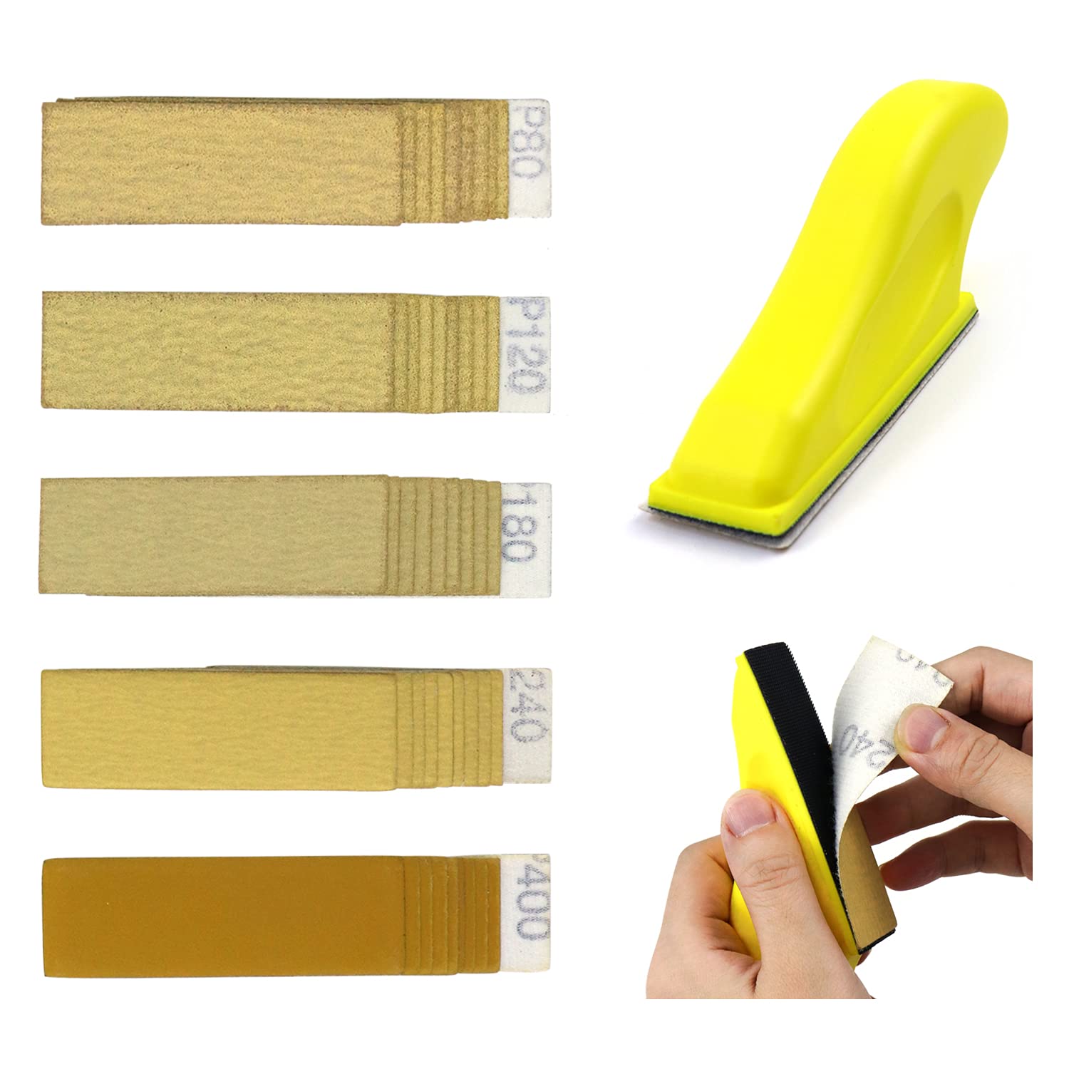 POLIWELLMicro Sander Kit 3.5” x 1” Mini Sander for Small Projects, Detail Handle Sanding Tools + Sandpaper 80 120 180 240 400 Grit for DIY Crafts Wood Finishing Tight Narrow Spaces Polishing, 50 PCS