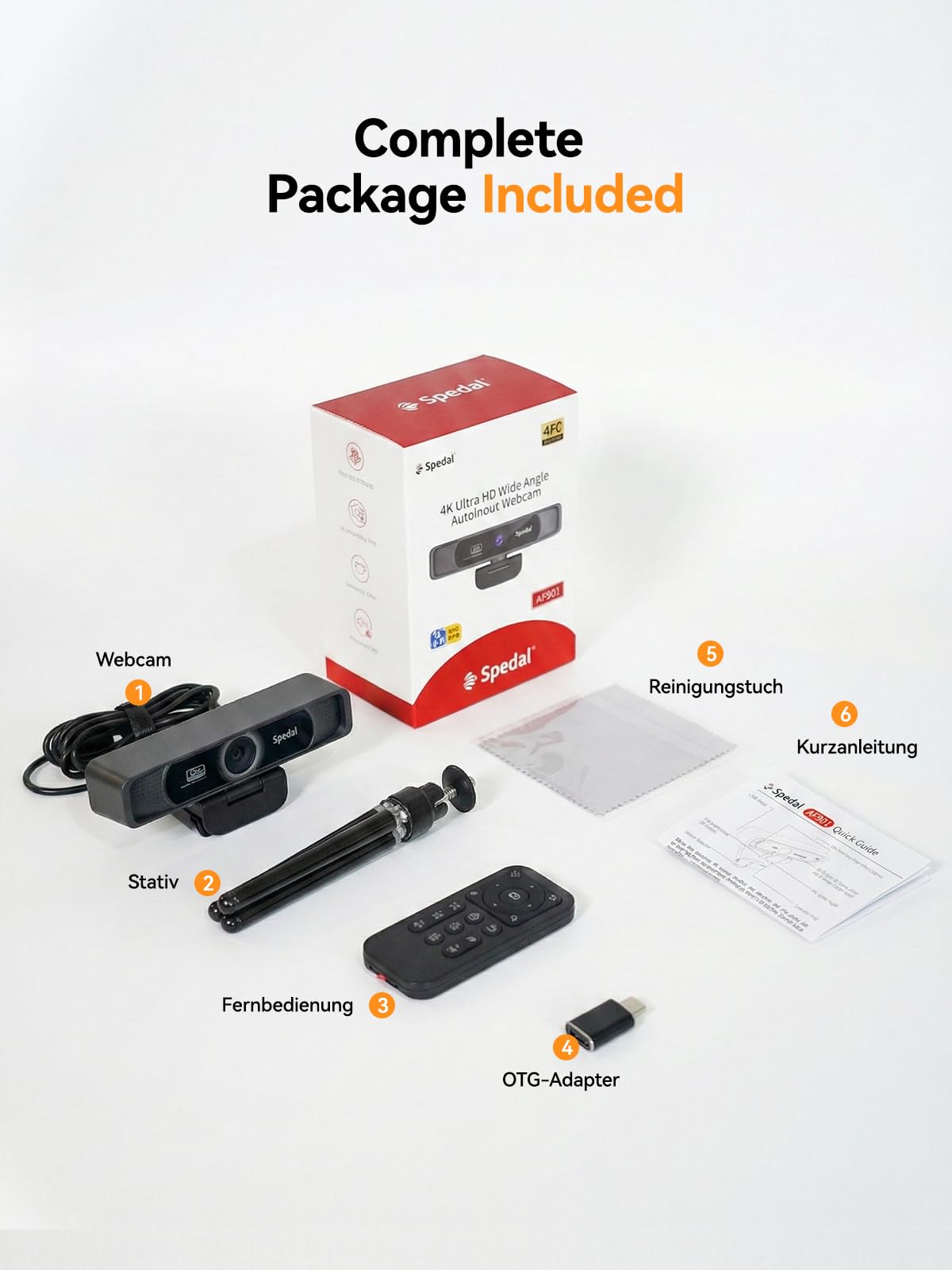 Spedal 4K Webcam mit Stativ und Mikrofon, 120 Grad Weitwinkel PC Kamera mit Fernbedienung und Zoom, Autofokus UHD USB-C Streaming Kamera für Laptop & Mac, Videokonferenz, Videoanrufe, Teams, Zoom