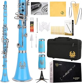 Rhythm Bb Clarinet 17 Nickel Keys Woodwind Band & Orchestra Musical Instruments for Beginners Includes Case, Stand, 10 Reeds and Cleaning Kit-Light Blue