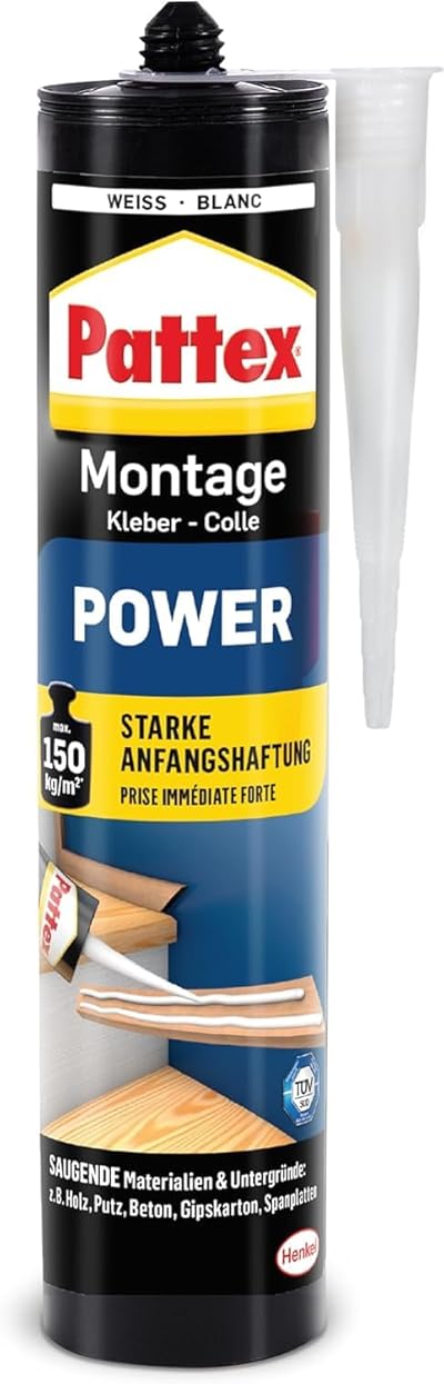 Pattex Montagekleber Power, Baukleber mit starker Anfangshaftung, Kraftkleber für saugende Materialien, Kleber für innen & außen, 1 x 370g