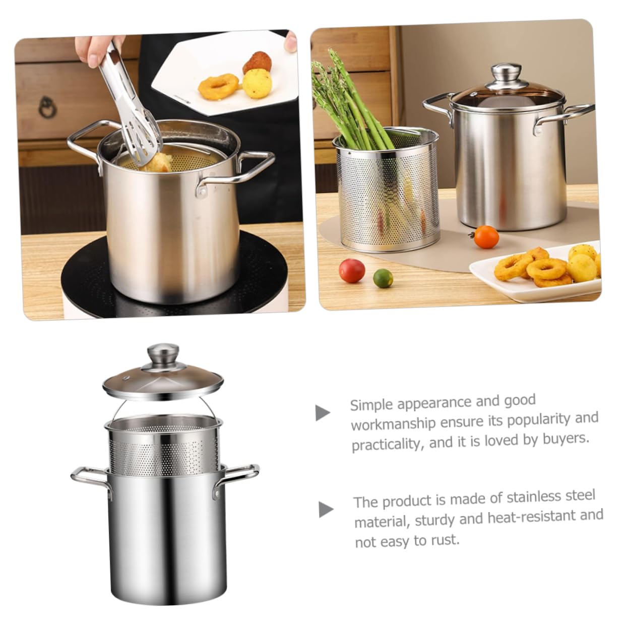 JECOMPRIS 1Set Stainless Steel Fryer Kit with Fry Basket Deep Frying Pot for Chips Chicken Fish and More Heat Resistant Kitchen Essential Housewarming present Idea