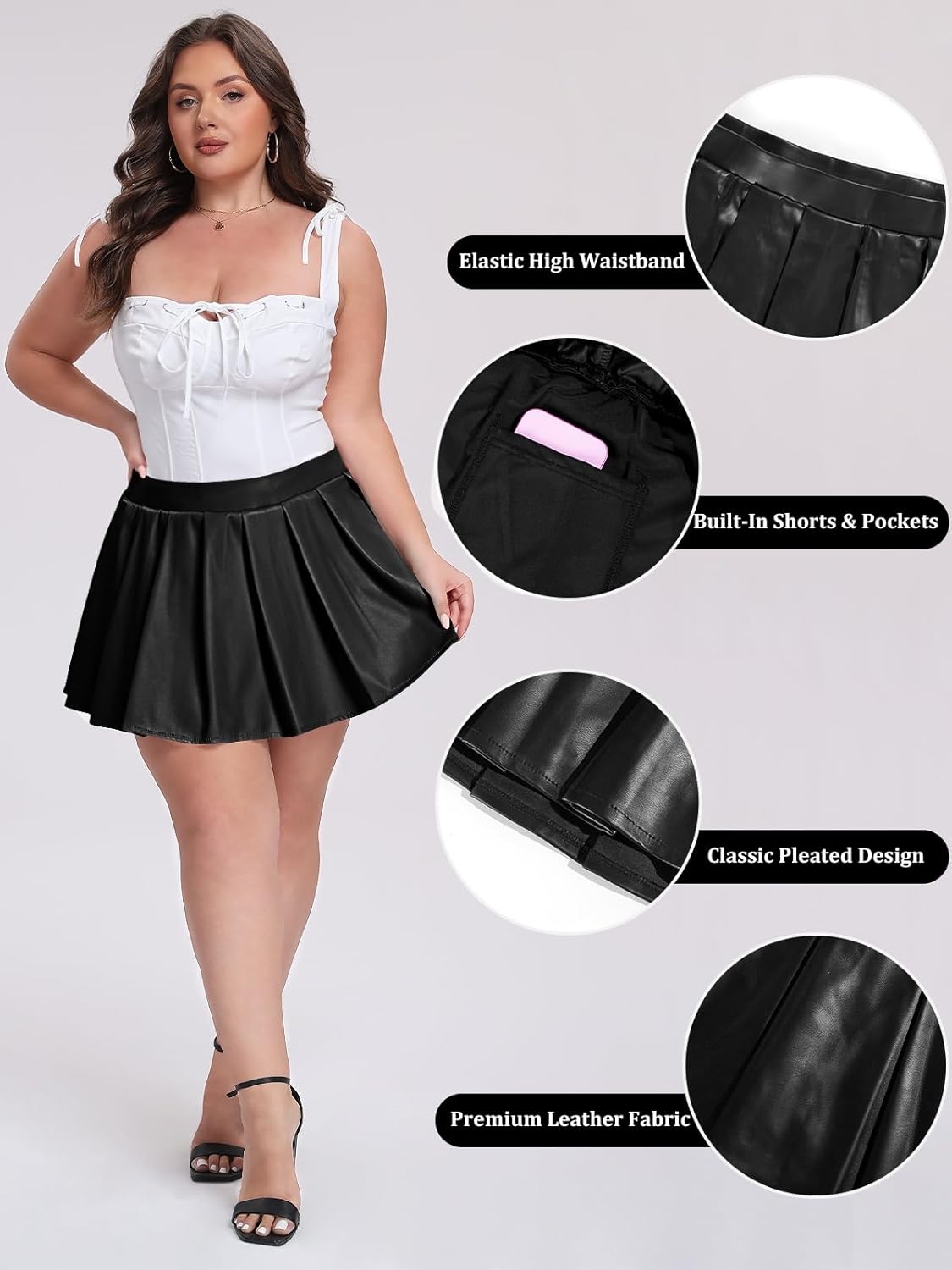 Moon Wood Women's Plus Size Pleated Skirt High Waisted Faux Leather Skirts with Pockets - Image 6