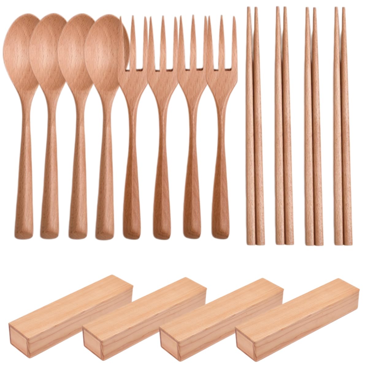 Holzbesteck Set Tragbares Essbesteck Aus Holz Stäbchen Löffel Gabeln Und Eine Holzbox Für Picknicks Und Reisen 4 Sets In Naturholzfarbe