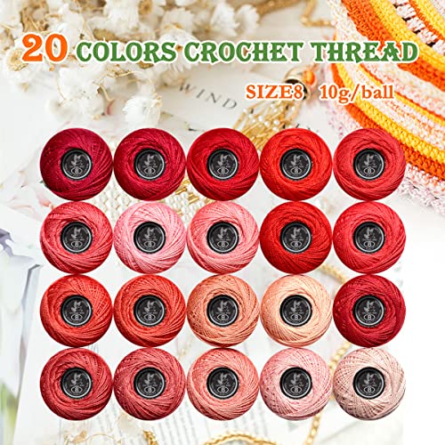 Image of Soft 20 Colors Classic Crochet Thread 20 Pack,100% Cotton (Victory Red-3713-498)