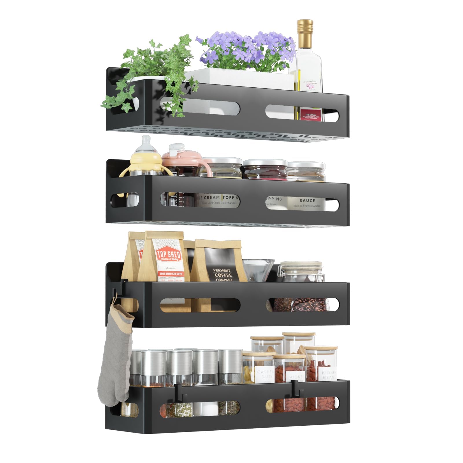 Sevenblue 4 Pack Strong Magnetic Spice Rack for Refrigerator, Multipurpose Magnetic Shelf for Fridge with 4 Hooks for kitchen and Bathroom Organization, Black