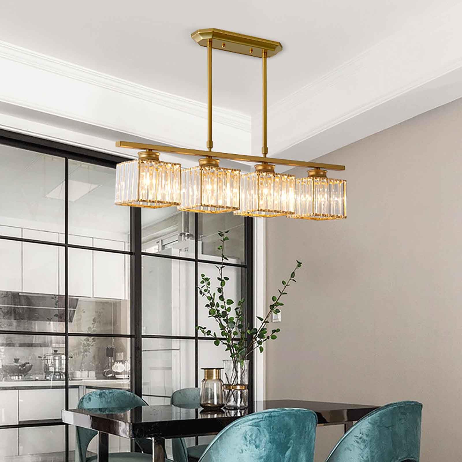 LYMSXAZOU Modern Crystal Chandelier Pendant Light, Black and Gold Ceiling Light for Kitchen Island, Dining Room, Living E27 Cluster Lighting Fixture,4 Lights,Grey