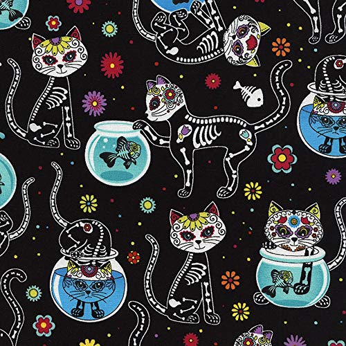 Timeless Treasures Day of The Dead Kitty Black Fabric by The Yard