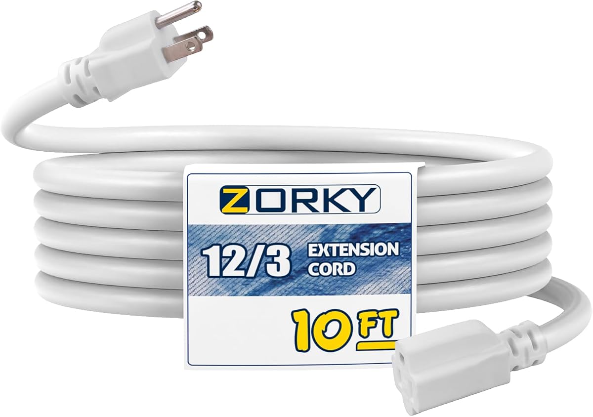 10 ft Outdoor Extension Cord Waterproof, 12/3 Heavy Duty Extension Cable with 3 Prong Grounded Plug for Safety, 12AWG 15Amp 1875W Great for Garden, Major Appliances, White