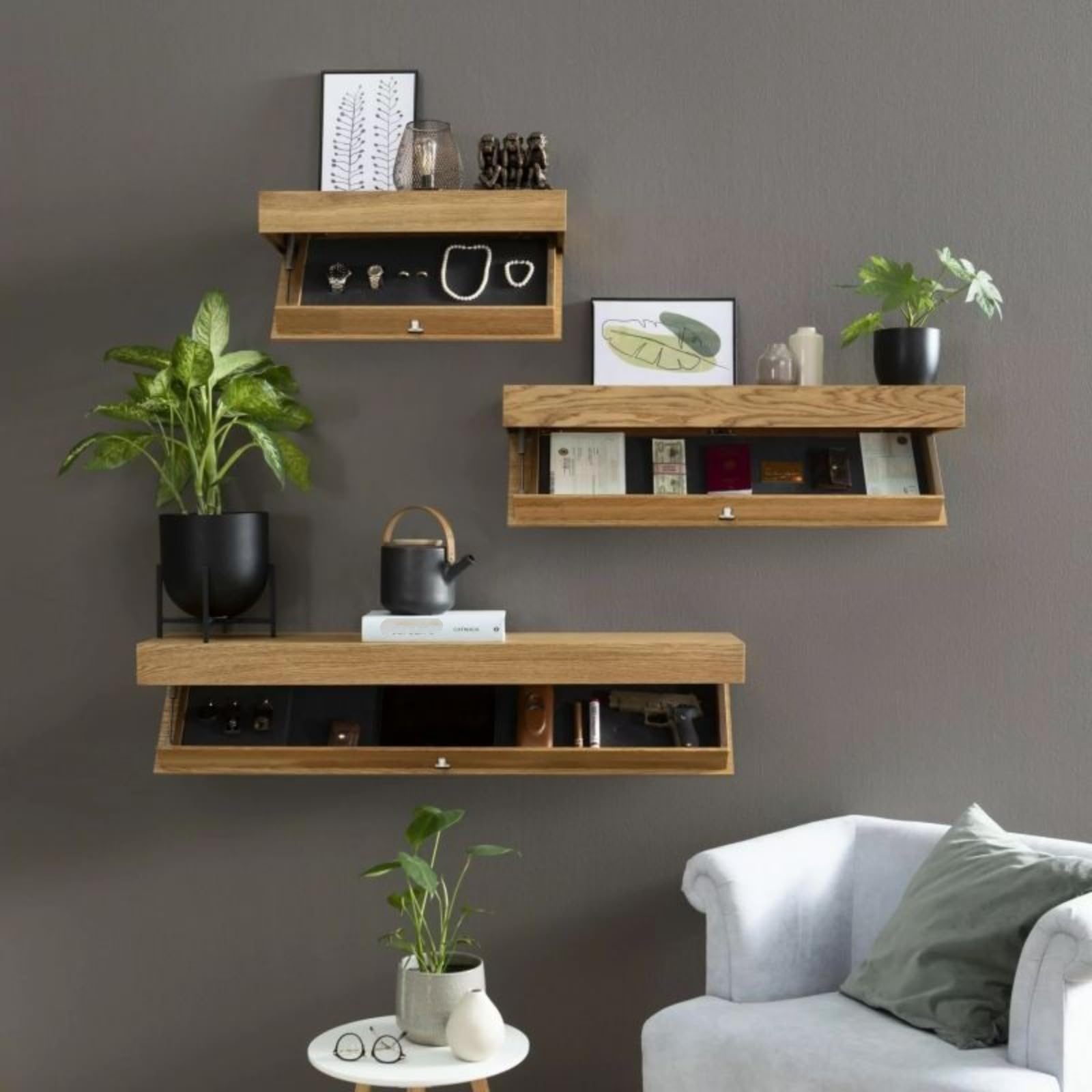 Versteckter Waffensafe, schwebender Waffensafe, Design Regal mit Geheimfächern, Wandmontage, kompakte Waffenaufbewahrung im Wohnzimmer