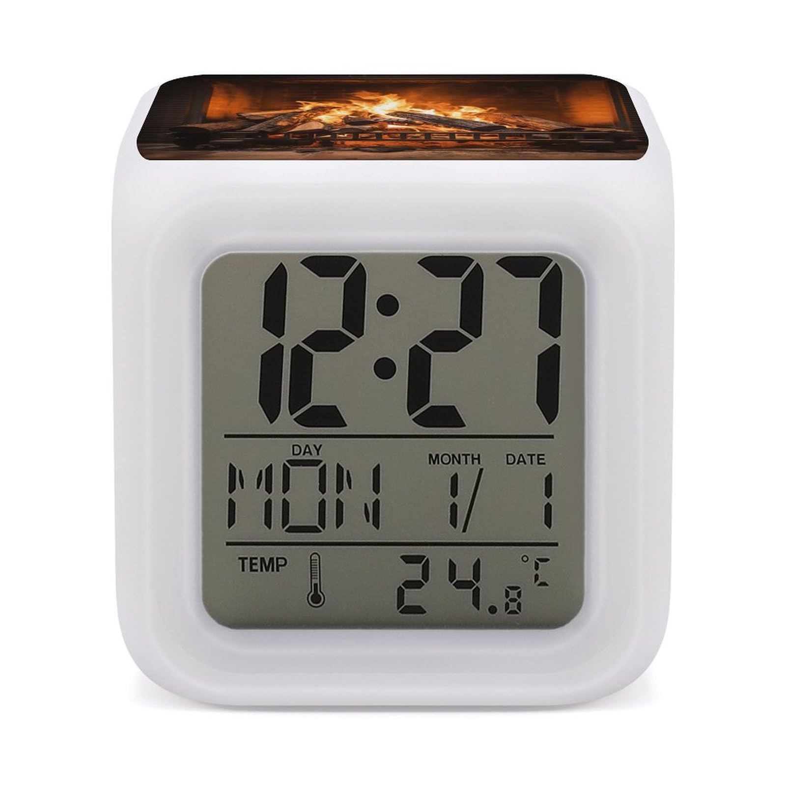 Reloj despertador grande LED multicolor con pantalla de leña ardiente y luz nocturna