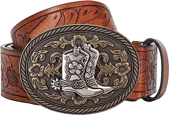 JowTreex Ceintures occidentales à boucle en cuir – Cowboy Cowgirl Floral Gravé Country Belt avec bottes imprimées boucle pour homme et femme, marron, for 68-82cm waist