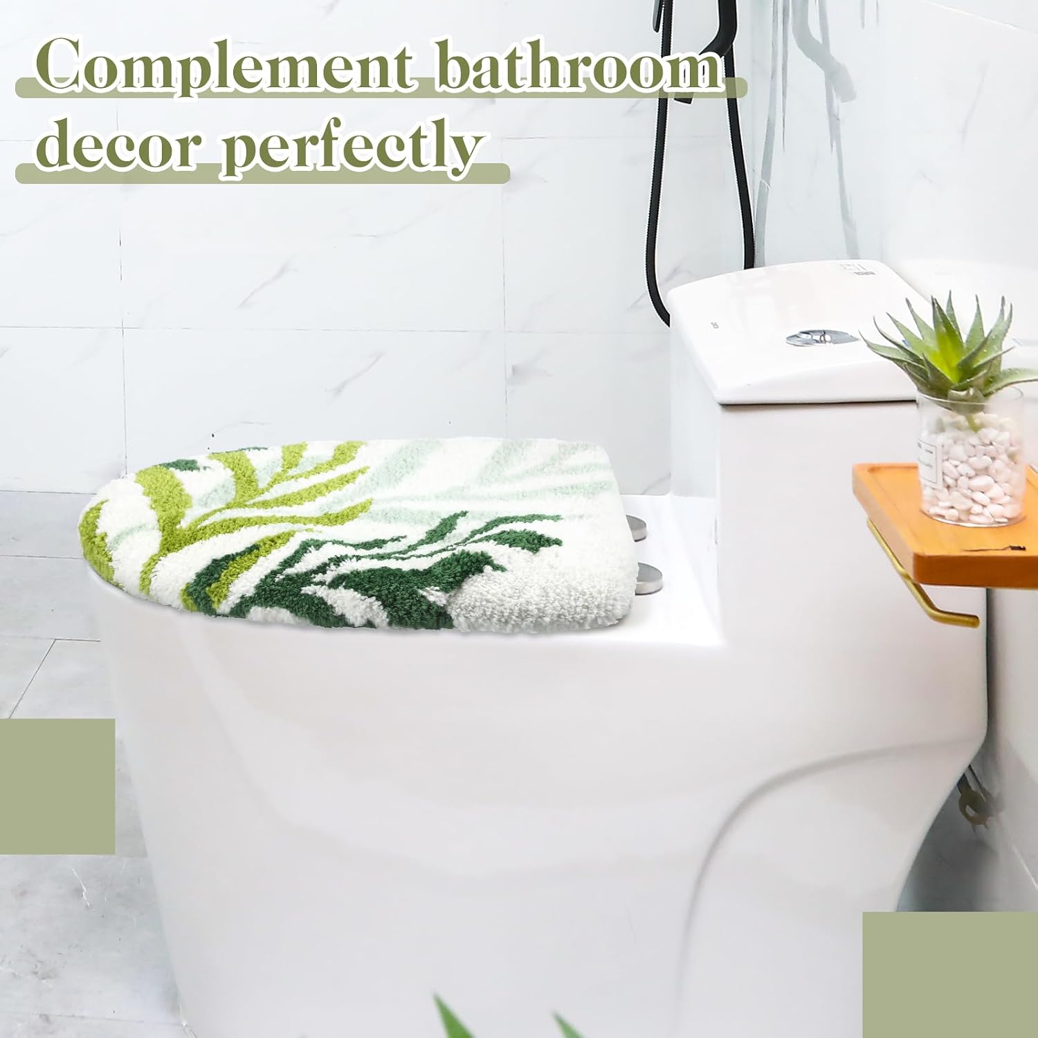 Mindsoft Green Leaves Toilet Seat Covers Bathroom Toilet Lid Cover Soft Microfiber 17.5'' x 15'' Plush Tufted, Machine Washable, Adjustable Rubber Backing Fits Most Round Elongated Oblong Lids