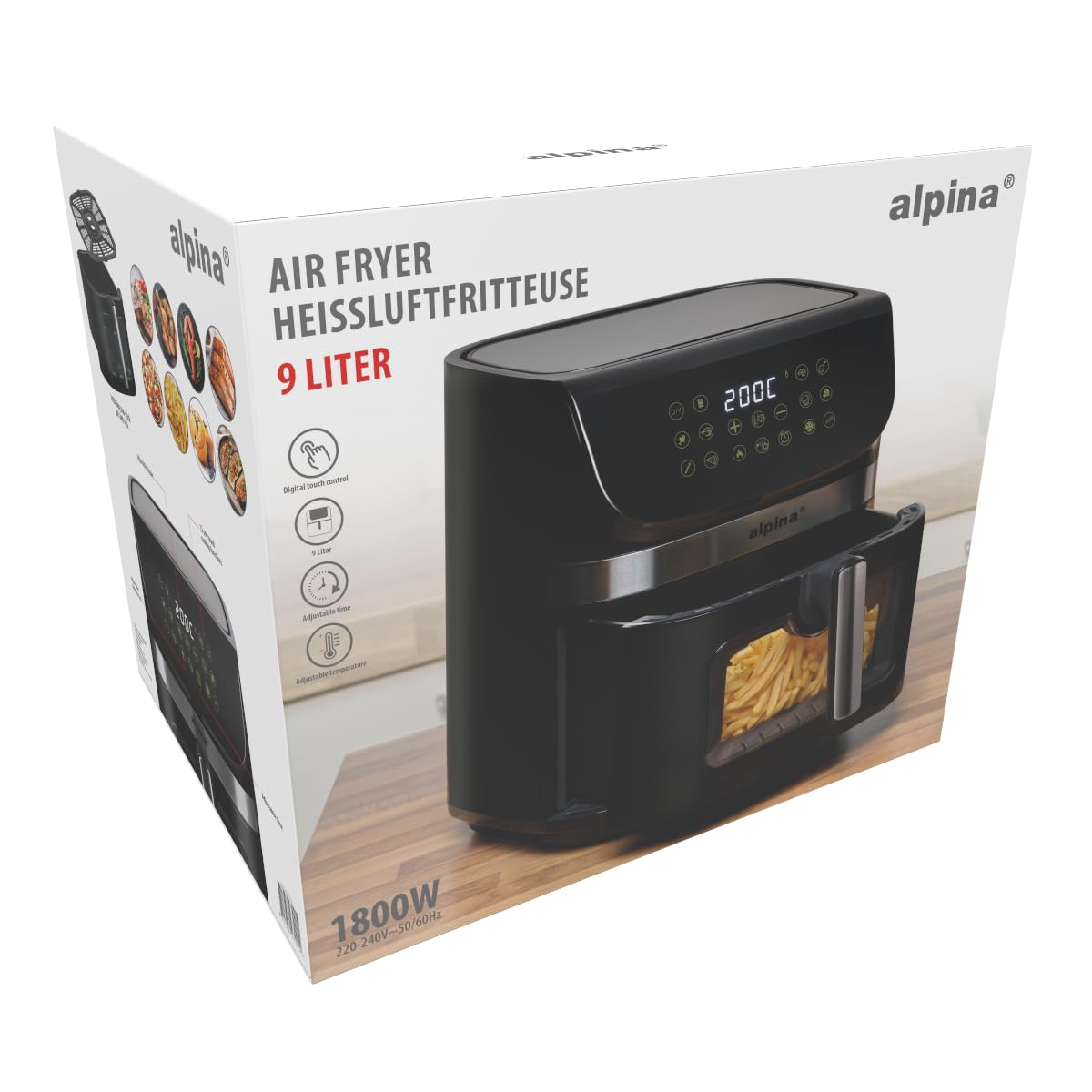 Alpina Airfryer XXL - frytkownica na gorące powietrze 9 l, frytkownica powietrzna z cyfrowym wyświetlaczem, frytkownica na gorące powietrze z timerem i temperaturą od 60 do 200°C, z 8 programami