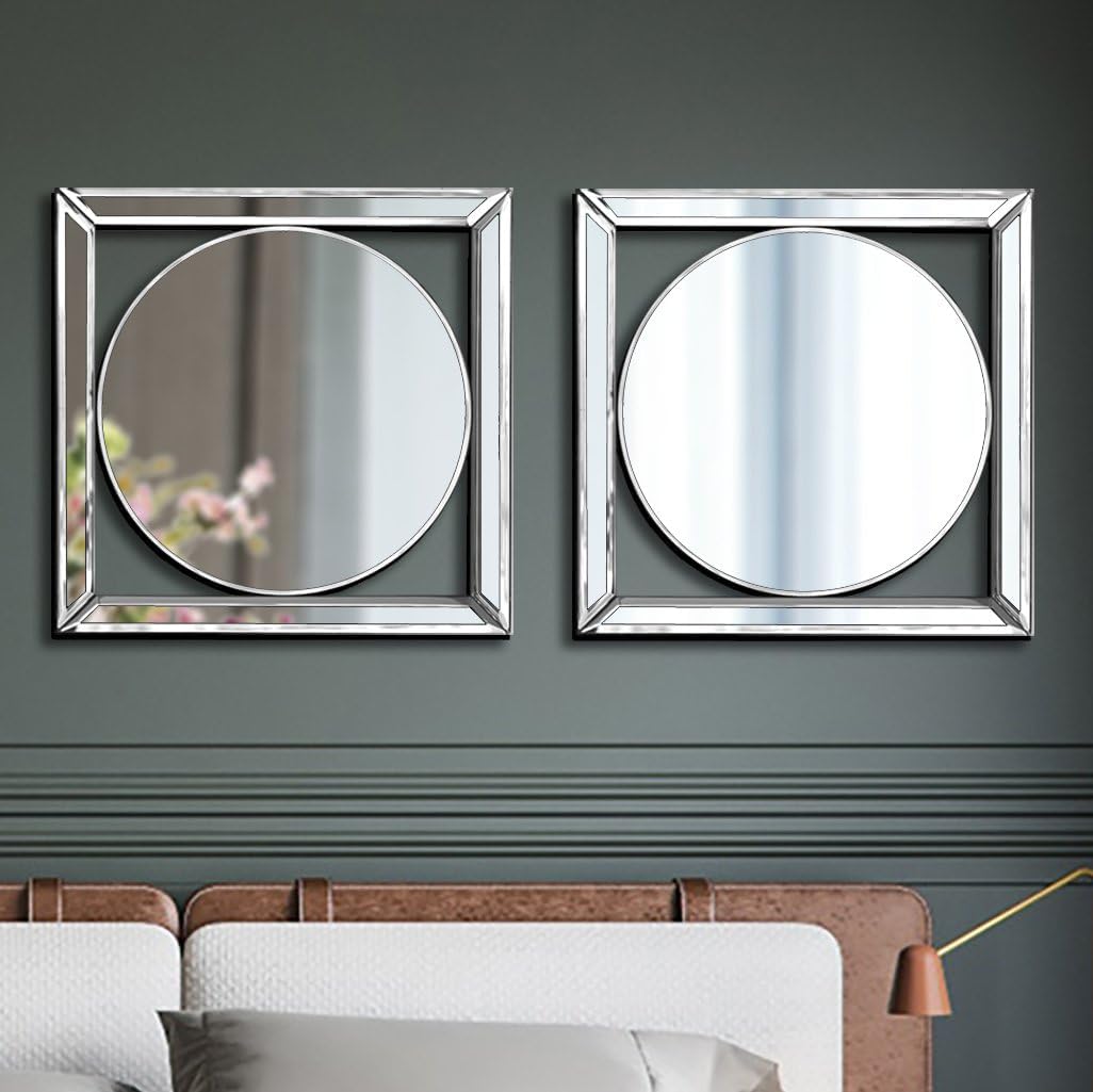 2 Pack Decorative Accent Mirrors 12x12”Circle Elegant Bevelled in Exquisite Craft. Middle Round Shape Mirrored Wall Decor for Home Decoration