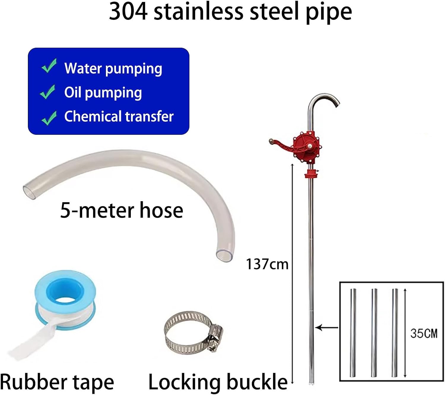 304 Stainless Steel Manual Hand Pump for Diesel, Gasoline, Heating Oil Transfer, Fits 5-55 Gallon Drums