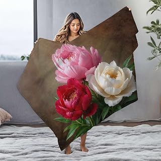 Manta de franela para sofá con tres hermosas peonías en color rojo, rosa y blanco (125 x 150 cm)