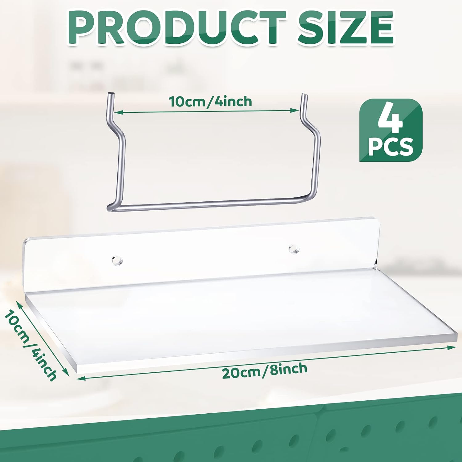Lounsweer 4 Set Pegboard Shelf Clear Acrylic with Metal Hooks Organizer Accessories Storage for Pegboard Display Wall Craft Room Home Garage Nursery Kitchen Workbench(L Shape,8 x 4 Inch)