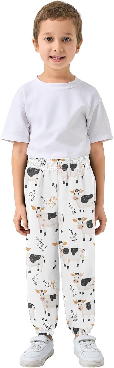 Boy Sweatpants Cartoon Cow Leaf Joggers Casual Athletic Pants Kids Elastic Waist Cuffed with Pockets