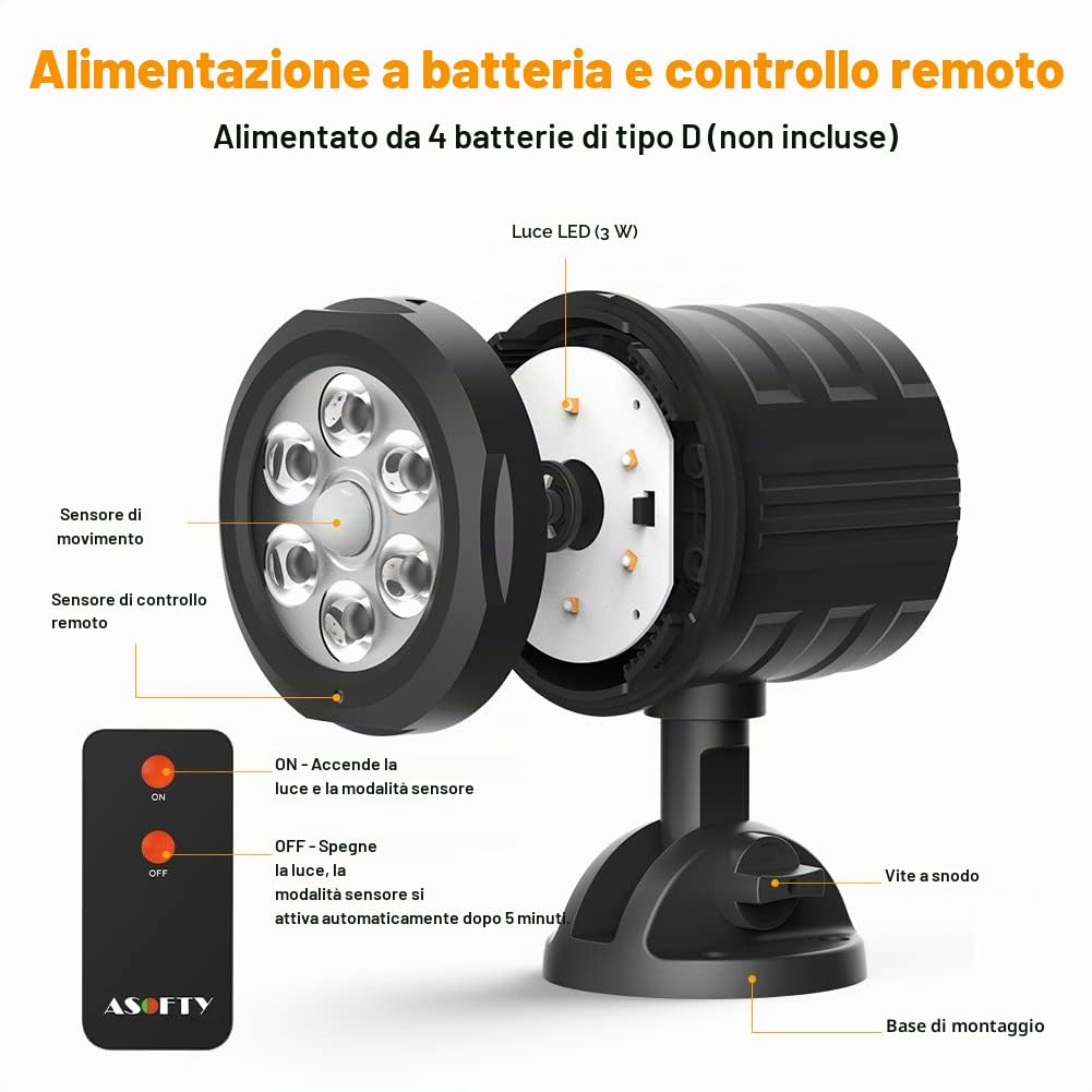 Luci di sicurezza per esterni con sensore di movimento, faretti PIR da 6 LED 1000 lumen senza fili con telecomando, faro anti-intrusione IP65 impermeabile da 6000K per garage, cortile