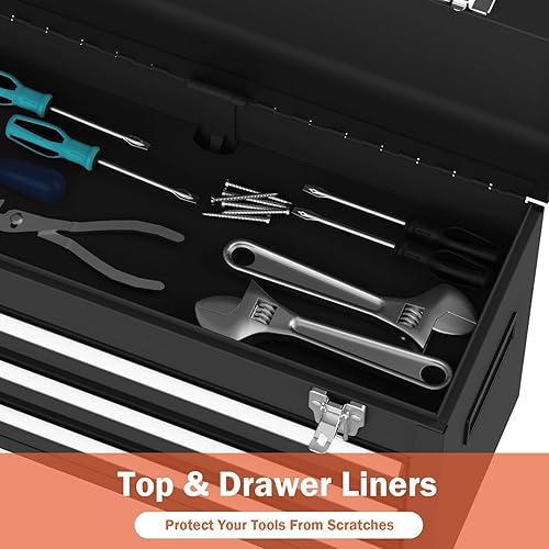 Miniatura 7 de Caja de herramientas de metal portátil, caja de herramientas de acero con 3 cajones con bandeja de almacenamiento superior y asa de transporte,