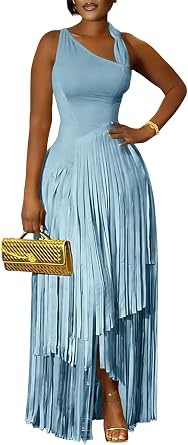 Tcremisa Womens Elegant Midi Dress Casual Sleeveless Fringe Dresses | Flowy Asymmetrical Neck High Low Hem Cocktail Party Wedding Guest Long Maxi Dress