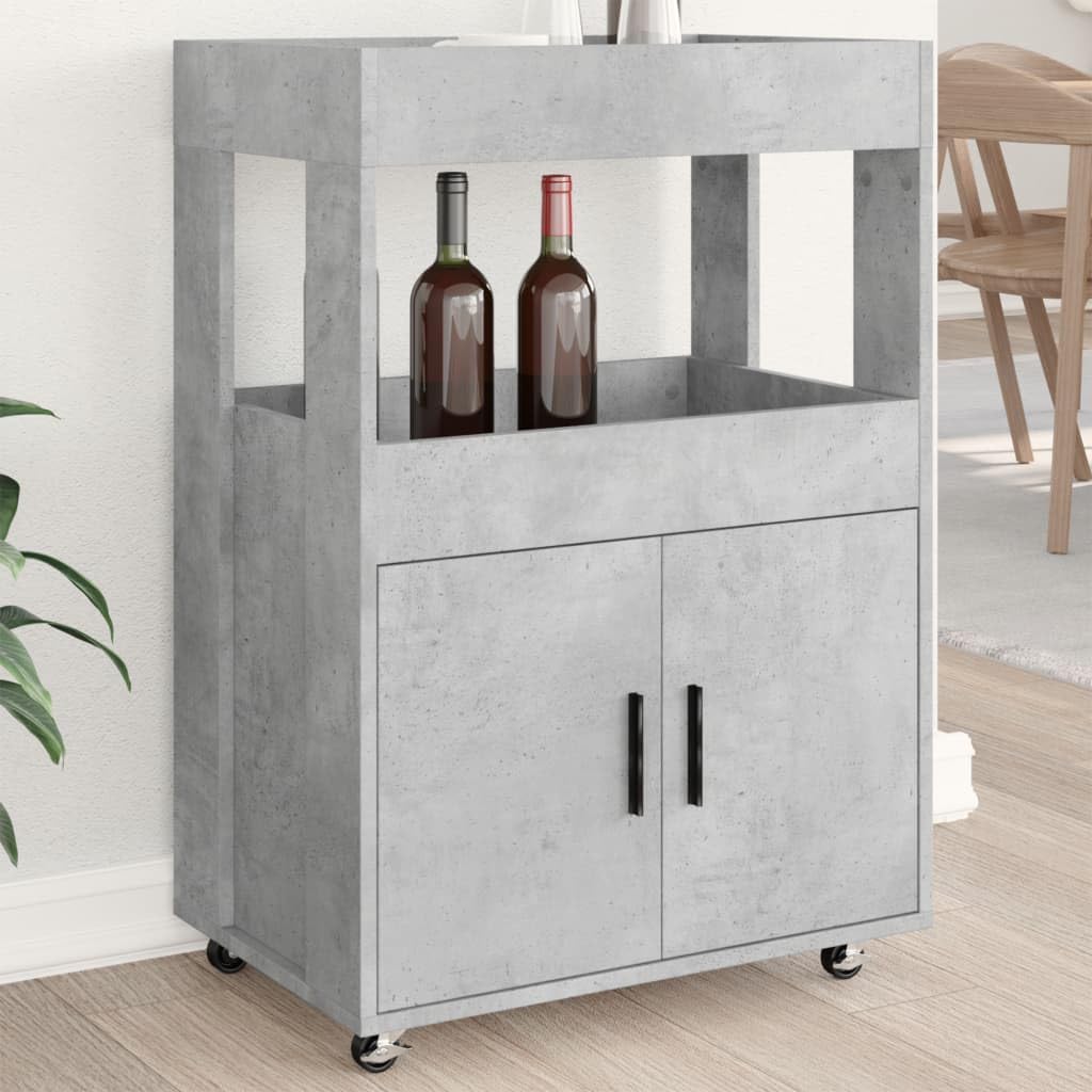 Carro de bar gris hormigón 60 x 39,5 x 89 cm moderno carrito de servicio con ruedas carrito de cocina de madera con 2 estantes para cocina, comedor y salón, carrito auxiliar para bebidas
