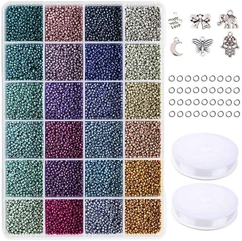 KERGAEN Size 2mm 12/0 Seed Beads About 15600pcs, Small Seed Beads Supplies with Elastic String,Jump Ring and Charms for Making Earring,Bracelet and Jewelry (650Pcs/Color, 24 Colors)