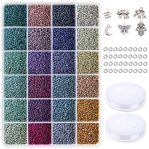 KERGAEN Size 2mm 12/0 Seed Beads About 15600pcs, Small Seed Beads Supplies with Elastic String,Jump Ring and Charms for Making Earring,Bracelet and Jewelry (650Pcs/Color, 24 Colors)
