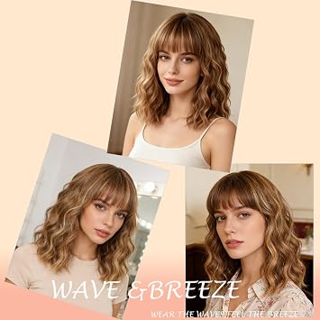 WAVE&BREEZE Honey Brown Mixed Blonde Wig with Bangs Short Curly Bob Wigs for Women 14 Inch Shoulder Length Natural Looking Hair Replacement Wigs for Cosplay Party Use
