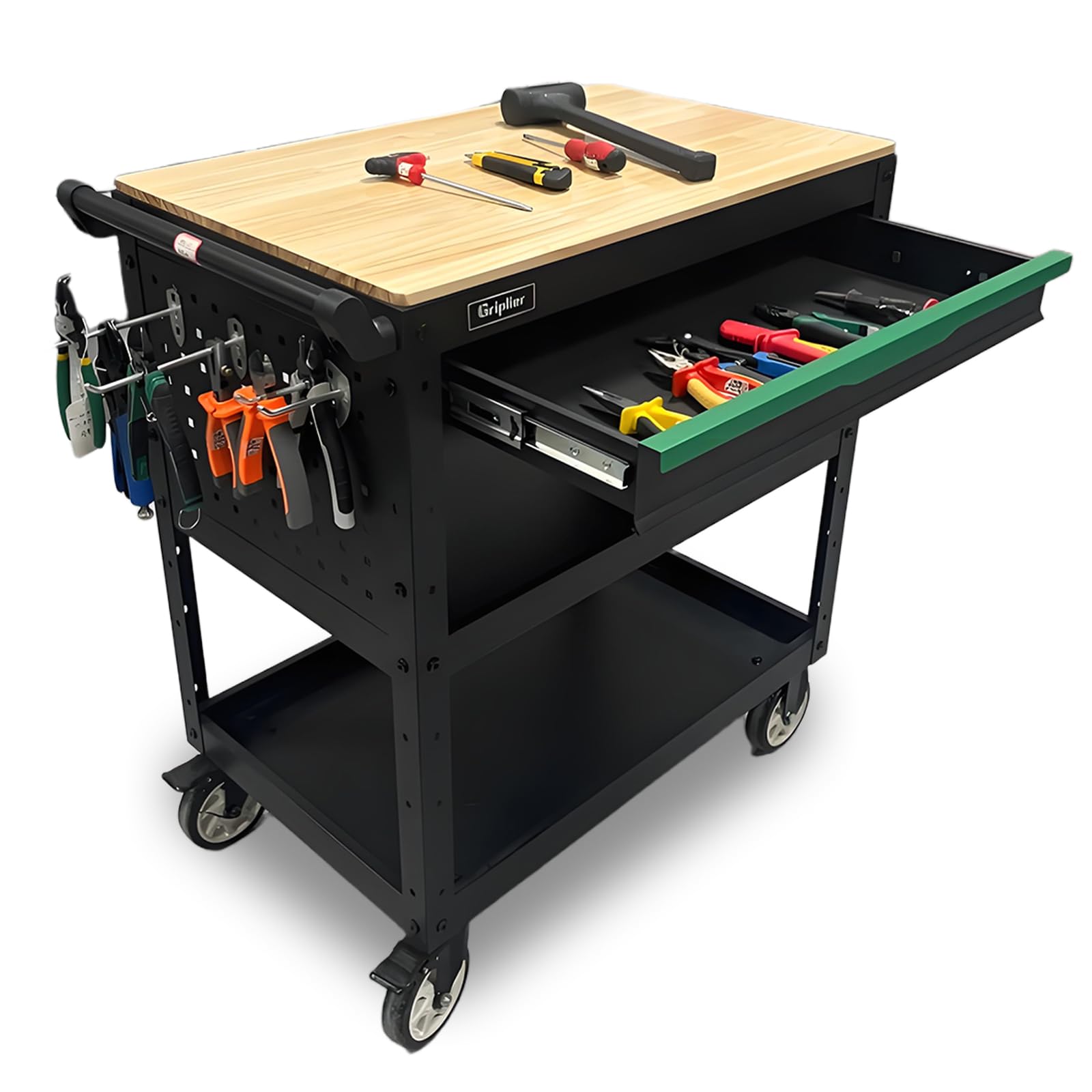 3-Tier Rolling Werkzeugwagen mit Schublade, Holzarbeitsplatte，150KG Tragfähigkeit,82 x 48 x 90cm für Lager Garage Garten Werkstatt