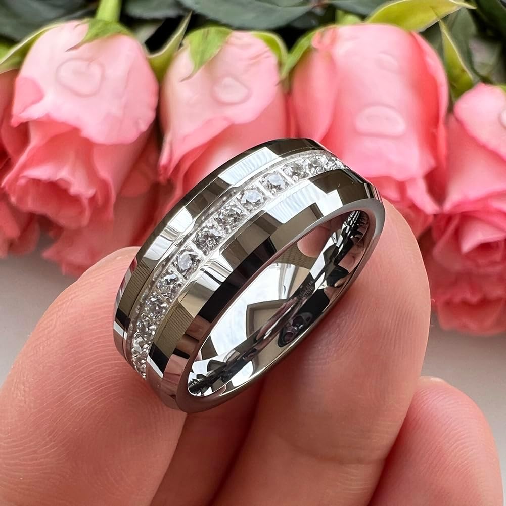 8mm Silver/Black/Gold Tungsten Rings for Men Women Couple Eternity Anniversary Engagement Wedding Bands Fashion Jewelry CZ Stone Inlay Beveled Polished Shiny Comfort Fit - Image 4