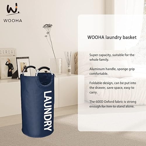 Miniatura 3 de WOOHA Cesta de lavandería grande de 90 litros, cesta plegable para ropa, cestas altas de tela plegables para dormitorio, armario, baño, universidad,