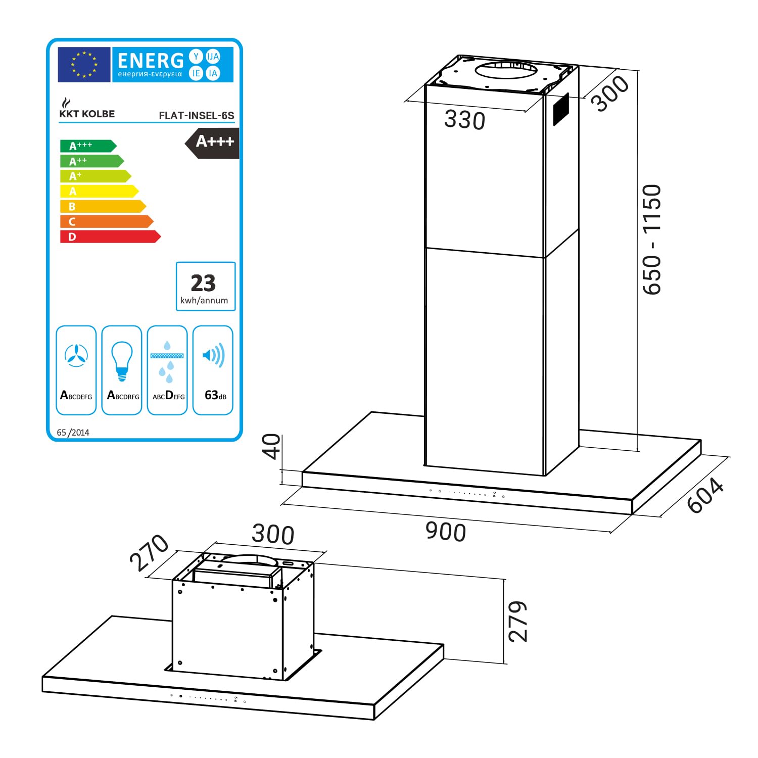 KKT KOLBE A+++ Cappa aspirante 90 cm 680 cbm/h Isola di scarico dell'aria nera vetro Smart WiFi App Wi-Fi Funzione di ricarica automatica SensorTouch con filtro a carbone FLAT-INSEL-6S
