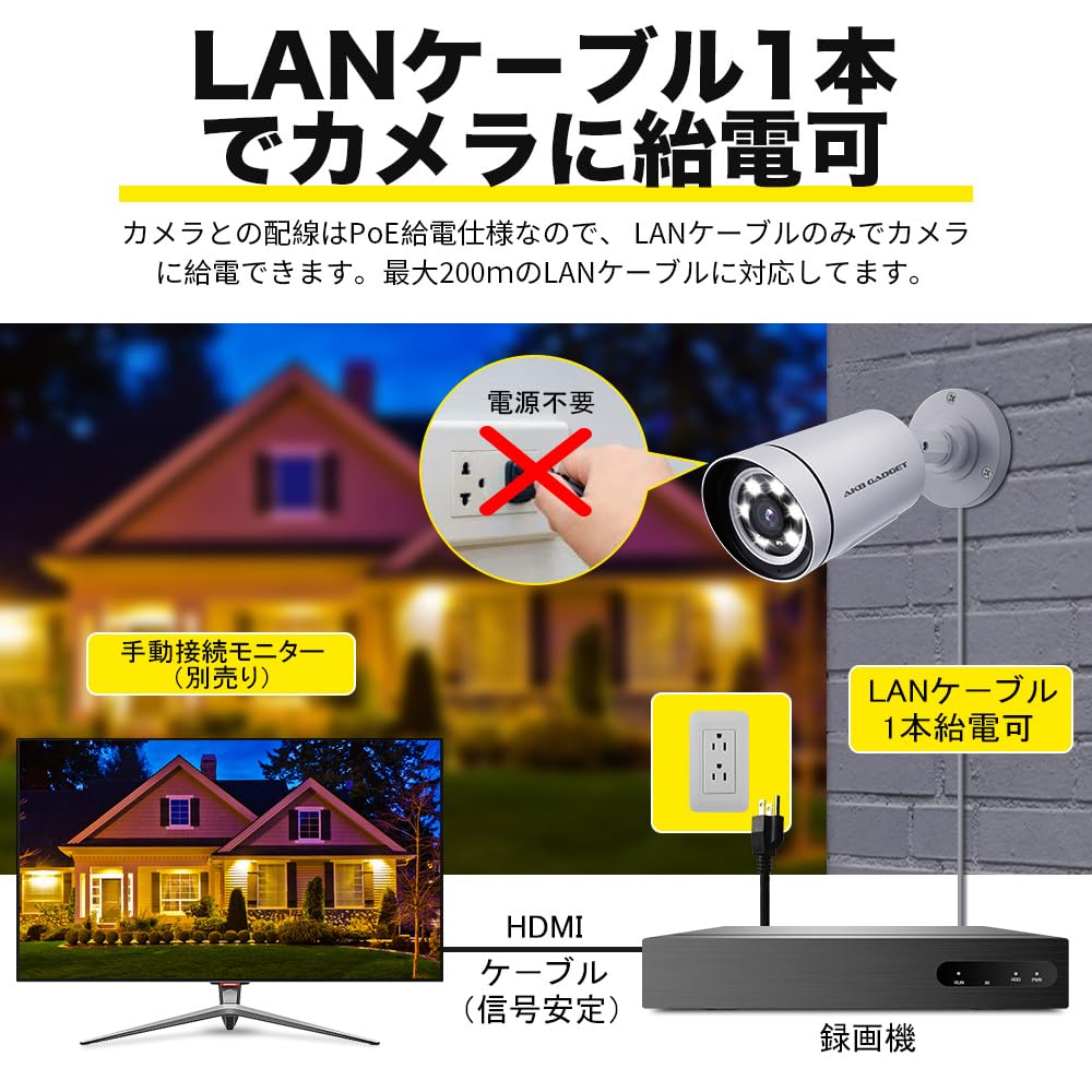 Amazon.co.jp: アキバガジェット 防犯カメラセット 屋外 PoE給電 家庭 
